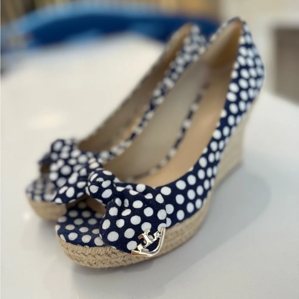Tory Burch Dory 85MM Peep Toe Espadrille-Polka Dot Canvas, Size 7.5, GENTLY WORN
